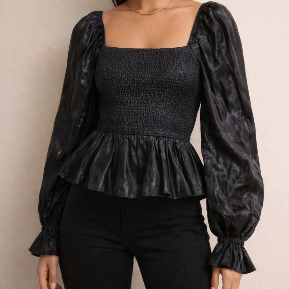 NEW Black Peplum Long Sleeve Smock Small
